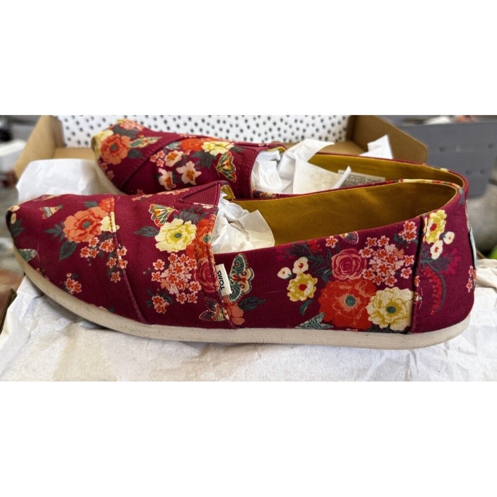 EUC W/Box Toms X Paper Source Red Floral Butterfly Canvas Alpargata Slip On Flat